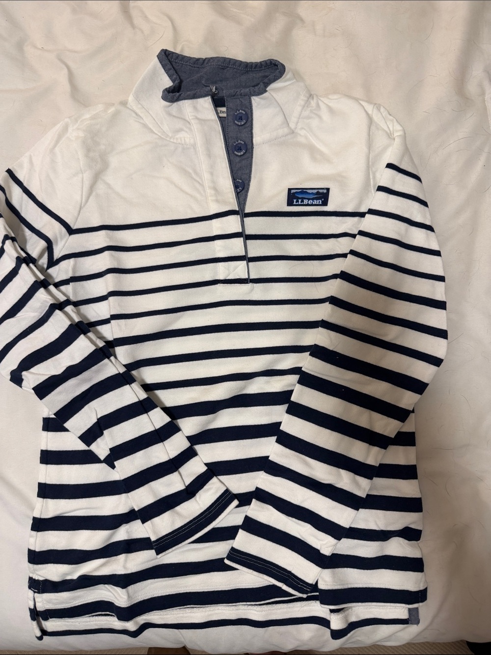L.L. Bean Men’s Navy and White Striped Zip-Neck Sweater